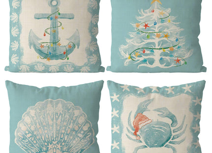 QIONG MENG Christmas Pillow Covers Coastal Beach Christmas Decor Retro Xmas Throw Pillows Covers Home Sofa Living Room Decorative Cushion Case 18x18 Inch Set of 4