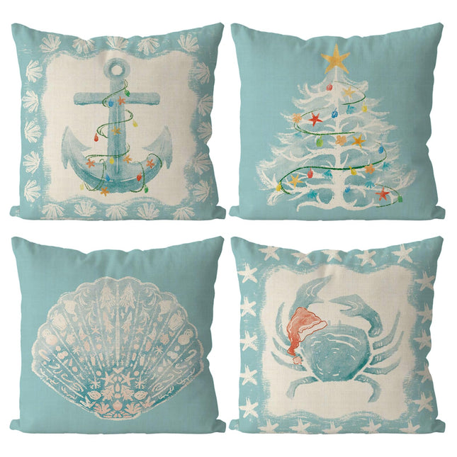QIONG MENG Christmas Pillow Covers Coastal Beach Christmas Decor Retro Xmas Throw Pillows Covers Home Sofa Living Room Decorative Cushion Case 18x18 Inch Set of 4