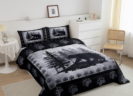 Castle Fairy Wild Bear Print Kids Comforter Set Twin Size,Animal Hunt Lodge Decor Retro Bedding Set for Boys Teens,Rustic Pine Trees Checkered Plaid Quilt Polyester Duvet Set with 1 Pillowcase, Grey
