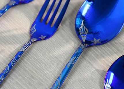 20 Pieces Stainless Steel Flatware Set for 4 People Knives Forks Spoons Set, Seashell Design, Ocean Nautical Seashell Summer Party Blue Silverware Mirror Polish and Dishwasher Safe (20, Blue Seashell)