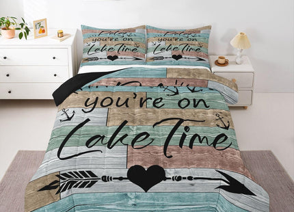 Erosebridal Lake House Decor Comforter Set, Rustic Wooden Barn Quilt Twin, Retro Country Farmhouse Duvet Insert for Kids Boys Teens Adult, Grunge Arrows Love Heart Bedding Comforters, Green Brown
