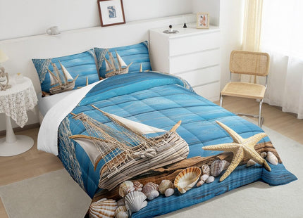 Erosebridal Kids Nautical Comforter Full Fishing Bedding Set, Rustic Farmhouse Coastal Lodge Cabin Duvet Insert, Sailboat Starfish Conch Quilted With 2 Pillowcases