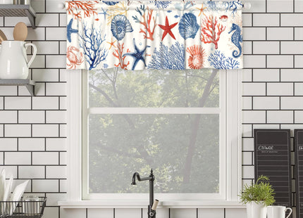 Coastal Kitchen Valance, Blue Ocean Coral Starfish Seashell Short Curtains for Windows, Nautical Sea Beach Summer Decoration Cafe Curtain, Thermal Insulated Room Darkening Short Curtain 54x18 Inch