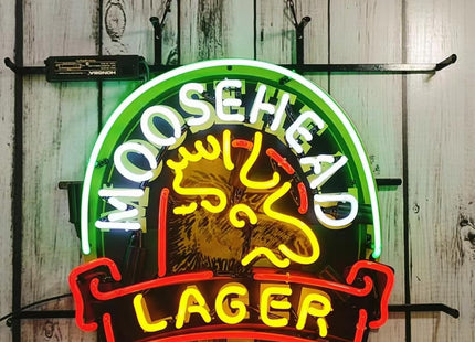 Handmade Real Glass Neon Tube Beer Compatible For Moosehead Lager Maine Moose Neon Signs For Home Bar Man Cave Pub Store Restaurant Wall Decor Artwork Wedding Decor Neon Birthday Party Gifts 24 X 20 Inches