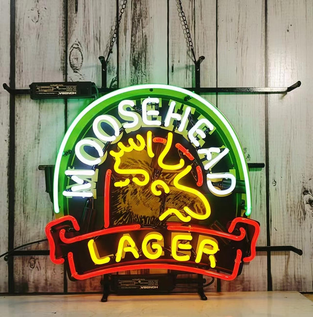 Handmade Real Glass Neon Tube Beer Compatible For Moosehead Lager Maine Moose Neon Signs For Home Bar Man Cave Pub Store Restaurant Wall Decor Artwork Wedding Decor Neon Birthday Party Gifts 24 X 20 Inches