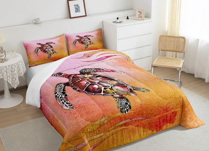 Sea Turtle Kids Ombre Gradient Bedding Set, Girls Tortoise Reptile Duvet Set with Geometric Stripes, Pastel Marine Life Quilted Comforter, Queen