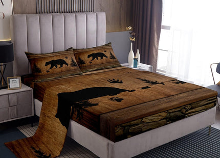 Manfei Rustic Bear Sheet Set Twin Size, Wildlife Hunting Theme Bed Sheet Set 3pcs with Deep Pocket Fitted Sheet + Flat Sheet + 1 Pillowcase, Wooden Board Bedding Set for Kids Boys Teens Room Decor