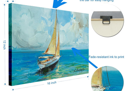 JZLDZS Nautical Sailboat Canvas Wall Art Framed, Blue, 12x16 Inch