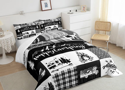 Castle Fairy Camper Adventure Full Size Comforter Set,Happy Camping Plaid RV Inside Decor Bedding Comforters Bedroom Collection,Arrow Hunt Cabin Rustic Farm Check Bedding Set for Girls Teens
