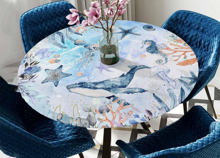 EwdeWwo Whale Elastic Round Tablecloth, Blue Ocean Creature Sea Horse Starfish Watercolor Style Fitted Tablecloths for Round Table Oil-Proof Waterproof Table Cloth (Fit for 36" - 44" Round Tables)