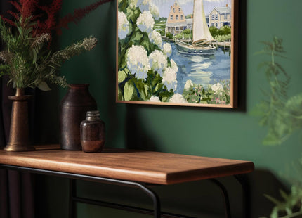 Vintage Sailboat Poster Hydrangea Coastal Picture 16x24 Inch Unframed