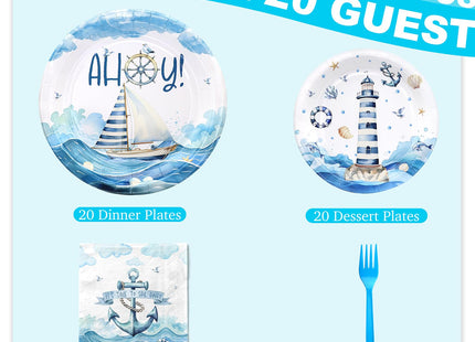 Nautical Birthday Party Decorations Set - Nautical Party Decorations, Plates, Napkins, and Forks for 20 Guests - Nautical Themed Disposable Tableware and Birthday Decorations