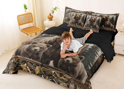 Feelyou Bear Twin Comforter Set with Sheets for Kids Boys Girls Wild Animal Hunting 7 Pieces Bedding Set Western Cabin Bed in a Bag Rustic Country Farmhouse Room Decor Yellow Brown