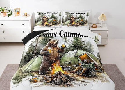 Erosebridal Happy Camping Queen Comforter Set,RV Camper Bedding Sets for Travel Trailer Bunk,Forest Bear Quilt Bed Set for Kids Adults,Rustic Farmhouse Bedroom Decor,2 Pillowcases All Season