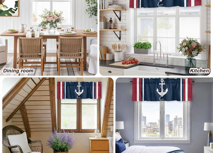 Savannan Nautical Valances, Nautical Anchor Red White Stripes Navy Blue Rod Pocket Cafe Valance Short Window Curtains Valances for Kitchen, Bedroom, Living Room, 1 Panel, 42InchesX12Inches