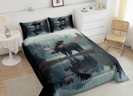Castle Fairy Lodge Cabin Bedding Sets Twin Size 2 Pcs 3D Moose Jungle Wild Animal Comforter Set for Kids Teens Adults Natural Pine Trees Scenery Rustic Style Comforter Duvet Set with 1 Pillowcase