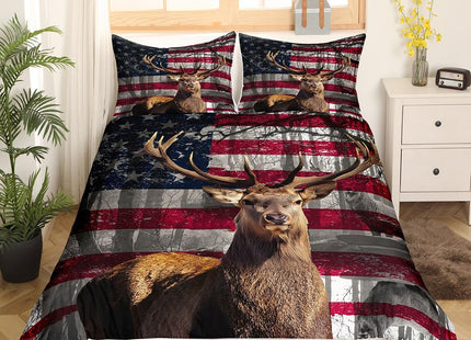 3D Deer Duvet Cover Set Twin Size American Flag Bedding Set 2pcs for Kids Boys Teens Room Decor, Wildlife Animal Elk Print Comforter Cover Stars and Stripes Quilt Cover with 1 Pillowcase,No Comforter