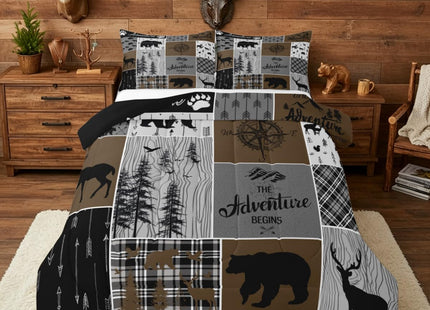 Erosebridal Rustic Patchwork Twin Comforter Set for Boys, Retro Country Farmhouse Quilt Cabin Room Decor, Western Deer Bear Bedding Woodland Wildlife Adventure Camping Duvet Insert, Gray Brown