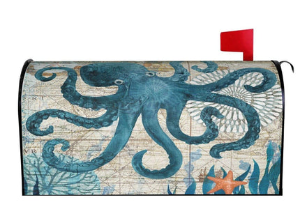 Abucaky Blue Octopus Nautical Map Mailbox Cover Magnetic Waterproof Mailbox Wraps Post Letter Box Decor 25.5x21 in