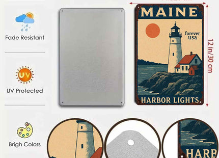 Maine Harbor Lights Vintage Metal Wall Art Signs 8X12 Inch