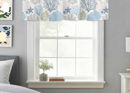 Ocean Theme Coral Shell Starfish Window Valance for Kitchen,Teal Blue Marine Sealife Rod Pocket Curtain Valances Short Curtains Drapes Panel,Coastal Window Treatment Topper for Living Room 42x12in