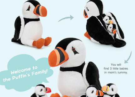 BENINY 4Pcs Puffin Stuffed Animal Set, 13.7 Inch Mommy Puffin with 3 Babies