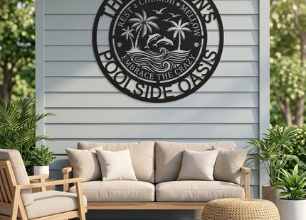 Personalized Pool Oasis Metal Sign | Backyard Poolside Wall Art | Custom Outdoor Decor | Tropical Themed Plaque for Coastal & Lake House | Yard & Patio Ornament | 8-24 Inch (Backyard Oasis C)