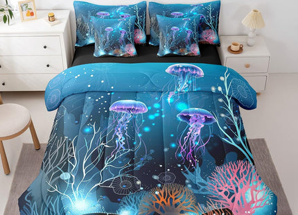 Erosebridal Gradient Jellyfish King Comforter Set 7pcs Sea Animal Bedding Comforter Sets, Underwater World Bed in a Bag Ocean Theme Bedding Set, Marine Beach Bed Sheets Set Coastal Room Decor