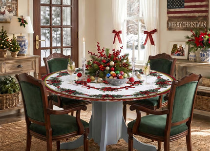 YOPINCO 54 Inch Round Christmas Tablecloth, Holly Poinsettia Holiday Table Cover, Water Resistant Polyester Tablecloth for 45-50 Inch Round Dining Tables, Stain Resistant Christmas Decor