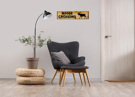 WSUPBPR Funny Metal Sign Decor Moose Crossing Road Signs Warning Sign Outdoors Wall Fence Forest Decor coffee Bar Art 16x4 in