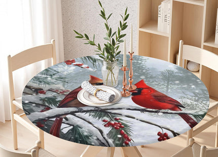 Christmas Red Bird Round Fitted Tablecloth with Elastic Edge,Water-Resistant Wipeable Winter Xmas Cardinal Bird Berry Table Cover for 40-44" Stretch Table Cloth for Dinner Indoor Outdoor Party