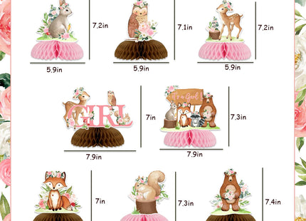 8 Pieces Woodland Animals Baby Shower Honeycomb Centerpieces for Girls, Pink Floral Woodland Table Decorations, Forest Animal Theme Party Supplies