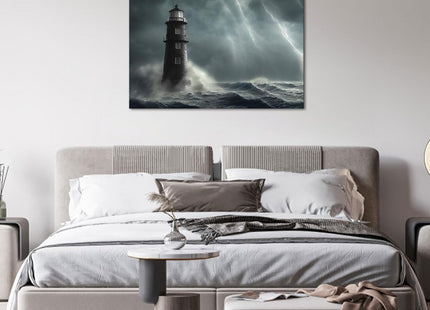 Artsbay Lighthouse Wall Art Ocean Wave Seascape Pictures Lightning Storm Canvas Prints Black and White Home Decor for Living Room Bedroom Office 24'' x 36''