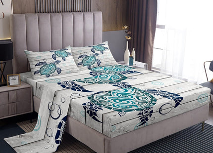 Manfei Sea Turtle Sheet Set Queen Size Ocean Animal Theme Bed Sheet Set 4pcs with Deep Pocket Fitted Sheet + Flat Sheet + 2 Pillowcases Underwater Aquatic Reptile Bedding Set for Kids Boys Girls