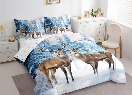 Erosebridal Deer 7 Pcs Comforter Set Twin Size,Winter Snowflake Reversible Bed in a Bag with Flat Sheet and Fitted Sheet,Hunting Deer Wild Animals Wildlife Bedding Set with Pillowcase & Sham