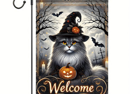 Starlit Patio Halloween Welcome Garden Flag Maine Coon Cat 12x18 Inch Double Sided Witch Pumpkin Outdoor Yard Flag, Spooky Farmhouse Porch Lawn Gothic Halloween Decorations for Cat Lovers