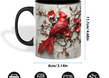 ANOVRA Cardinal Bird Ceramic Mug, Artistic Red Cardinal with Flowers and Cracked Background, Gift for Bird Lovers (Black, 11oz)