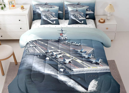 Erosebridal Aircraft Carrier 7 Piece Comforter Set Twin Military Style Bedding Sets for Kids Adults Battleship Fighter Flight Bed in A Bag Ocean Nautical Sheet Set with Comforter