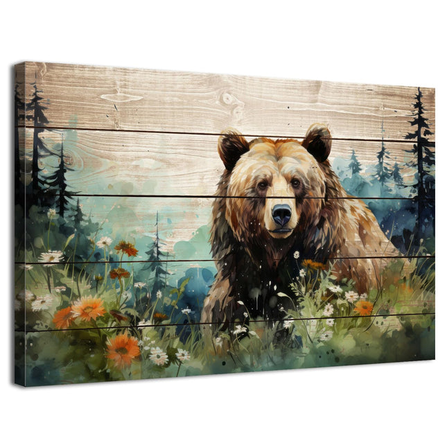 sunfrower Watercolor Bear Wall Art Rustic Forest Wildlife Canvas Print Brown Bear Wildflower Mountain Animal Wall Decor for Cabin Bedroom Nursery Bathroom Farmhouse Home 12x16