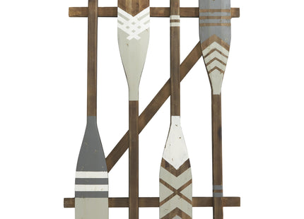 Deco 79 Wood Paddle Home Wall Decor Arrow and Stripe Patterned Wall Sculpture with Muted Blue Accents, Wall Art 21" x 1" x 36", Light Gray