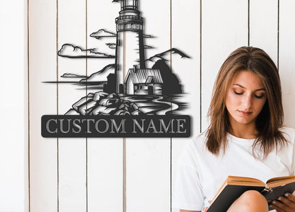 Personalized Lighthouse Metal Wall Art - Custom Nautical Name Sign, Outdoor Beach House Decor, Coastal Wall Decor Gift for Beach Lovers (Lighthouse A)