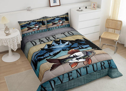 Erosebridal Bass Fishing Comforter Full Size Sea Animal Bedding Set, Retro Stripe Down Comforter Rustic Lake House Bed Set, Woodland Jungle Scene Quilted Duvet Pine Tree Print Home Decoratives 3pcs