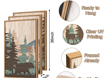 CHDITB 3Pcs Woodland Moose Bear Landscape Framed Canvas Wall Art 24x36 Inch