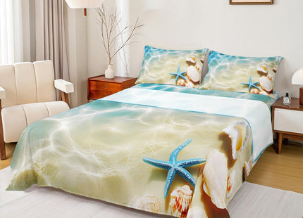 Erosebridal Ocean Bed Sheets Set King Beach Fitted Sheets Coastal Nature Theme Pattern Teal Flat Sheet Boys Girls Hawaiian Top Sheet Sea Wave Animals Starfish Sheet Set 2Pillow Cases, Blue Room Decor