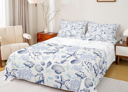 Homewish Coastal Sheet Set Twin Size,Beach Seashell Starfish Coral Bedding Set 3Pcs,Sea Ocean Theme Bed Sheet for Kids Teens Adult Bedroom Decor,Navy Sketch Nautical Fitted + Flat Sheet,1 Pillowcase