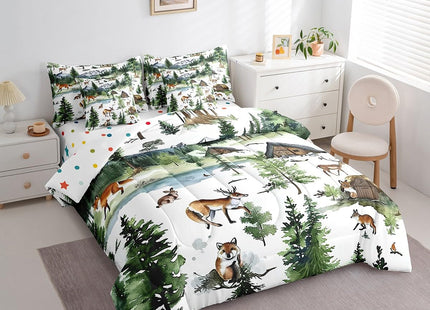 7 Piece Rustic Farmhouse Full Bed in a Bag for Women Boys Western Farmstyle Sheet Set, Wild Animal Fox Moose Rabbit Bear Print Bedding Set with Comforter for Teens Girls Kids Wildlife Cushion Covers