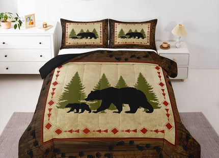Rustic Farmhouse Bear Paw Print Comforter Set - Queen Size, Nature Woodland Theme, Down Comforter & Duvet Insert in Brown & Green