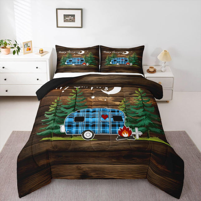 Erosebridal Camper Full Comforter Set,Happy Camping on Rustic Wooden Bedding Comforters & Sets,Vintage Woodland Duvet Moon Stars Quilt Set,Blue Plaid Car Farmhouse Bedroom Decor 3Pcs Cozy Soft