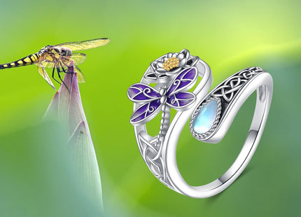 Vadmans Dragonfly Spoon Ring Sterling Silver Adjustable Dragonfly Ring Moonstone Jewelry Gifts for Women Wife Mother