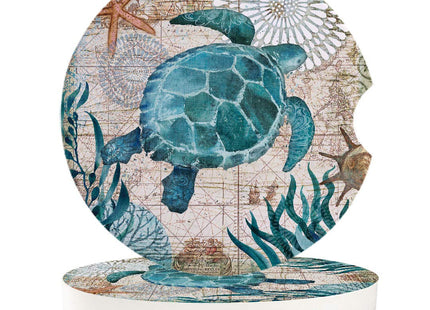 Car Drinks Coasters Set of 2 Pack Sea Turtle Ocean Animal Nautical Themed Absorbent Ceramic Stone Retro Coaster with A Finger Notch for Easy Removal from Auto Cupholder